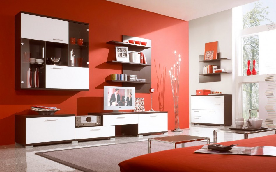 Gorgeous Red Living Room Decoration Using Red Fabric Living Room Sofa Along Escorted By Modern Mount Wall Wooden Living Room Shelving As Well As Red Living Room Wall Color Drop Dead Gorgeous Various Living Room Designs
