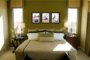 Interior Design Thumbnail size Green Wall Color As Well As Fixed Glass Windows Also Blinds As Well As Platform Bed Escorted By Headboard Also Green Covered Bedding Sheet As Well As White Also Green Pillows Colors Combine Escorted By Bedside Table