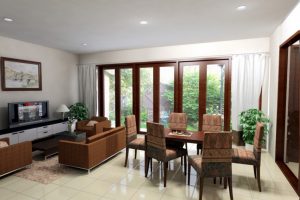 Ideas Thumbnail size Impressive Open Plan House Style Escorted By Brown Upholstered Armchair Also White Cabinet Escorted By Lcd Tv For Living Room Also Wooden Table Also Brown Patterned Dining Chair For Dining