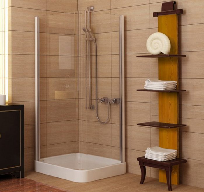 Bathroom Designs Medium size Interesting Schemes For Nice Small Bathrooms Using Glass Shower Doors White Shower Floor Escorted By Brown Laminate Cabinets Brown Laminate Shelves Silver Portable Showers