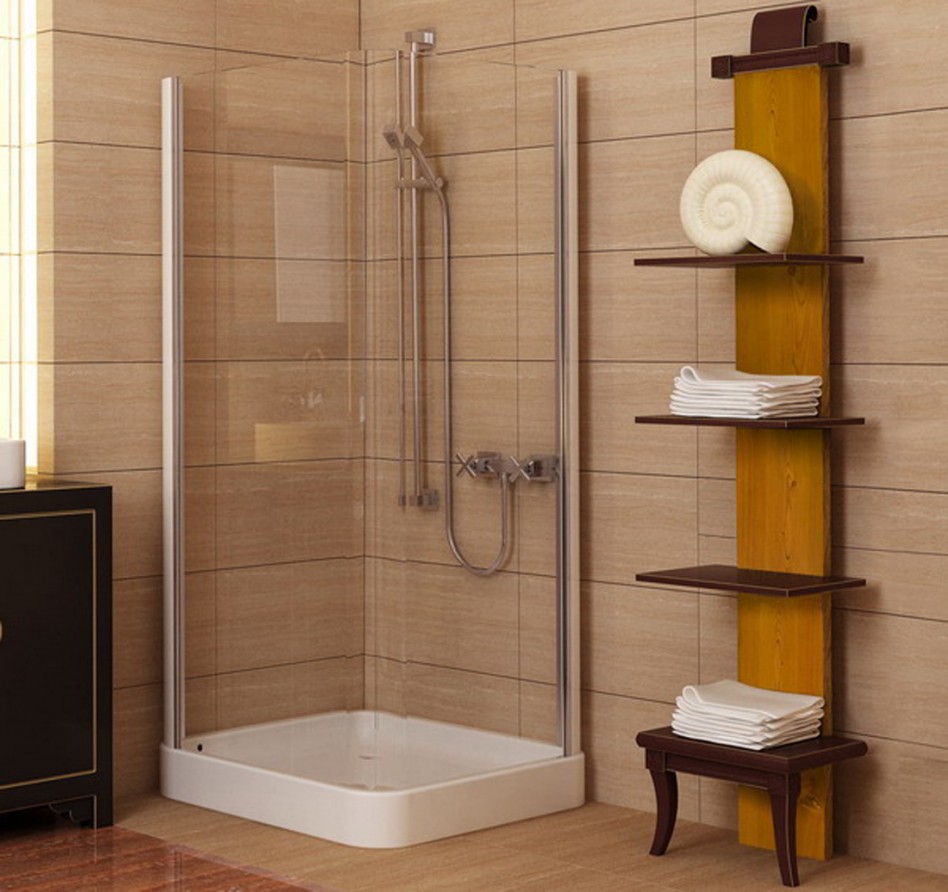 Bathroom Designs Interesting Schemes For Nice Small Bathrooms Using Glass Shower Doors White Shower Floor Escorted By Brown Laminate Cabinets Brown Laminate Shelves Silver Portable Showers The Design Of Small Toilets For Small Bathrooms