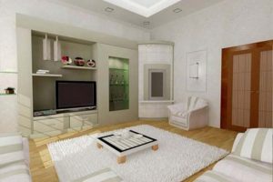 Interior Design Thumbnail size Living Room Interior Scheme Plan Escorted By White Wall Color As Well As Wooden Floor Also White Fur Rugs Hairy As Well As Stripes Pattern Fabric Sofas Also Rectangular Coffe Table As Well As Tv Table Also Component