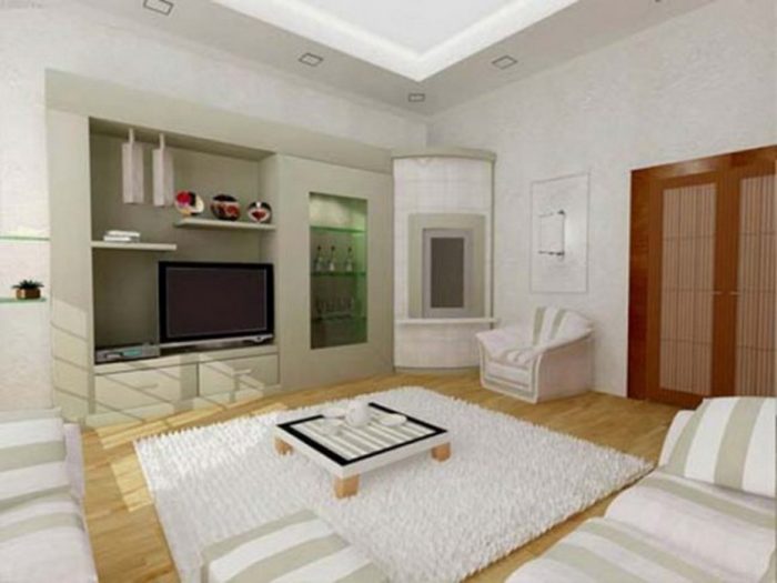 Interior Design Living Room Interior Scheme Plan Escorted By White Wall Color As Well As Wooden Floor Also White Fur Rugs Hairy As Well As Stripes Pattern Fabric Sofas Also Rectangular Coffe Table As Well As Tv Table Also Component Nightstands For Small Spaces Create Room More Attractive