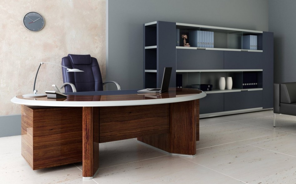 Luxurious Dark Blue Ebonite Cabinet Also Wooden Half Circular Desk Escorted By Black Glass Worktop Also Grey Painted Wall For Office Modern Office Escorted By Impressive Desk Kitchen Designs