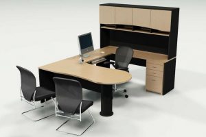 Kitchen Designs Thumbnail size Magnificent Dark Brown Wooden Office Desk Escorted By Light Brown Worktop Also Shelves Also Drawer Equipped Black Office Armchair Also Black Office Chairs By Stainless Steel Pipe