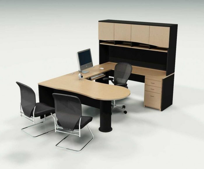 Kitchen Designs Magnificent Dark Brown Wooden Office Desk Escorted By Light Brown Worktop Also Shelves Also Drawer Equipped Black Office Armchair Also Black Office Chairs By Stainless Steel Pipe Cool Modern Desks For Minimalist Room