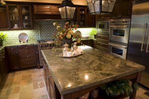 Kitchen Designs Thumbnail size Marvelous Dark Marble Countertop Also Rustic Pendant Lamps As Decorate In Country Rustic Kitchen Styles Escorted By Dark Wood Cabinets Furnishing Decors Piquant Dark Wood Cabinets For Women