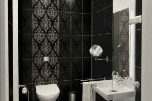 Bathroom Designs Thumbnail size Masculine Small Dark Bathroom Tiles Scheme Feat Modern Rectangle Black Tiles On The Wall Cool Tuscany Wall Pettern Nice Transparent Glass Wall Small Overhead Lamps Cool Small Bathroom