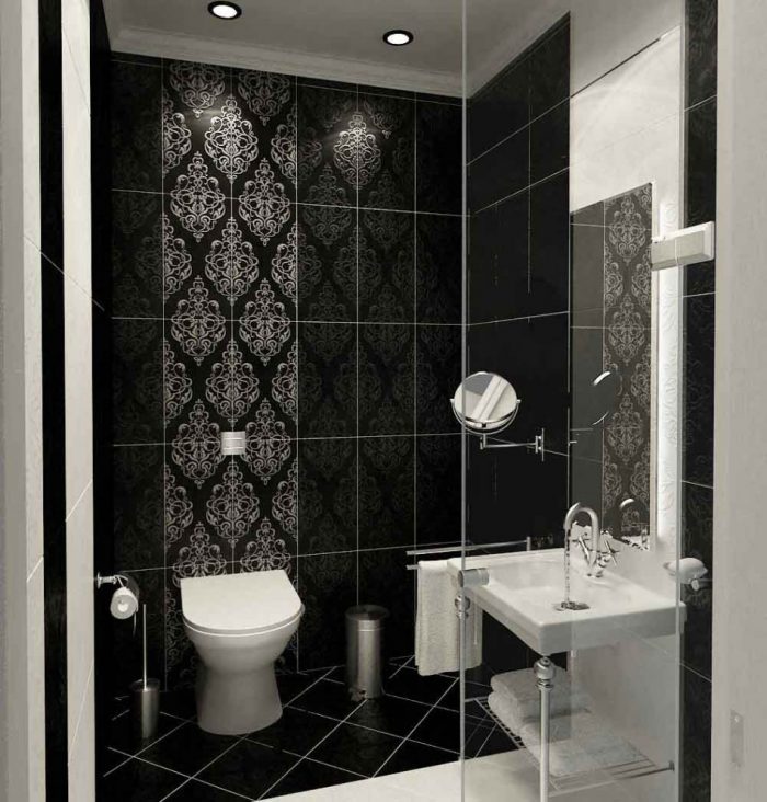 Bathroom Designs Masculine Small Dark Bathroom Tiles Scheme Feat Modern Rectangle Black Tiles On The Wall Cool Tuscany Wall Pettern Nice Transparent Glass Wall Small Overhead Lamps Cool Small Bathroom How Remodeling A Small Bathroom Ideas