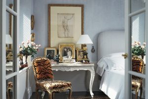 Ideas Thumbnail size Minimalist Bedroom By White Cotton Upholstered Bed Also Wooden Chair Escorted By Tiger Skin Upholstery Also Well Carved White Wooden Table Escorted By Desk Lamp Also Desk Pictures