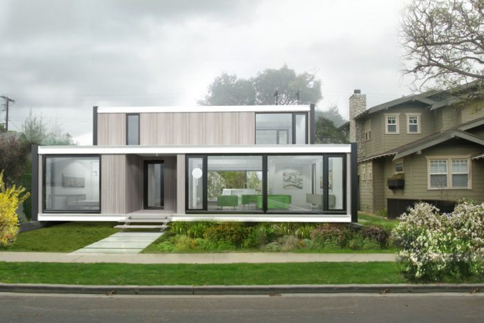 Exterior Design Medium size Minimalist Modern Contemporary Modular Home Escorted By Smart Glass Wooden Combination Double Floor Style Escorted By White Wall Trimming Nice Also Intimating View Futuristic Also Modern