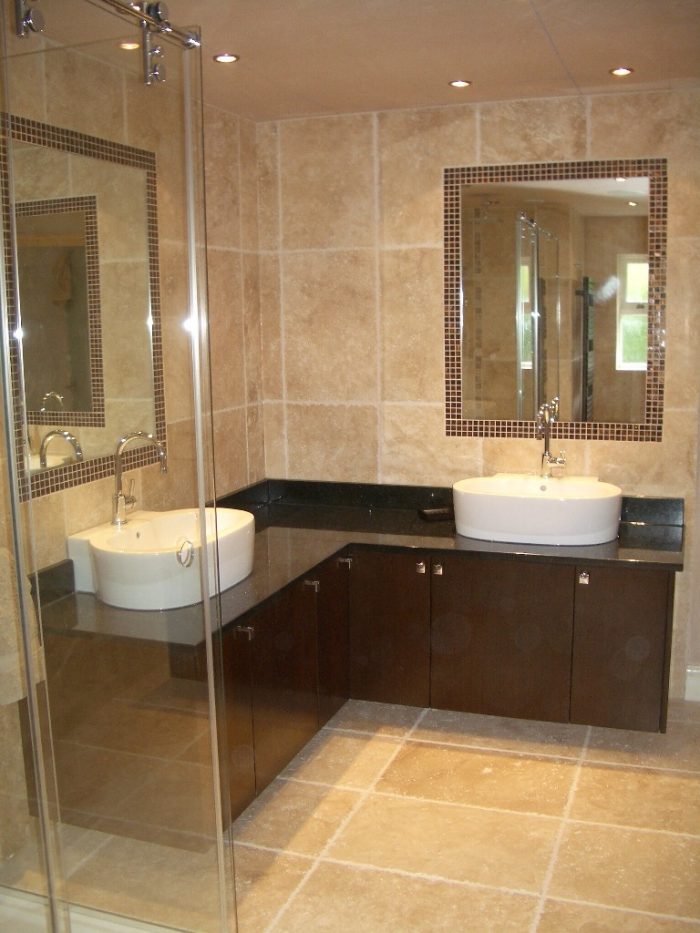 Bathroom Designs Medium size Bathroom Designs Minimalist Schemes Plan Using Rectangular Mirrors Ceiling Fittings Also Escorted By Oval White Sinks Silver Widespread Faucets Brown Wooden Cabinets Black Granite Countertops The Design Of Small Toilets For Small Bathrooms