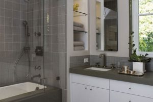 Bathroom Designs Thumbnail size Modern Schemes For Nice Small Bathrooms Using White Laminate Cabinets As Well As Grey Laminate Countertops Also By A Rectangular Mirror Glass Wall Shelves By A Rectangular White Bathtub