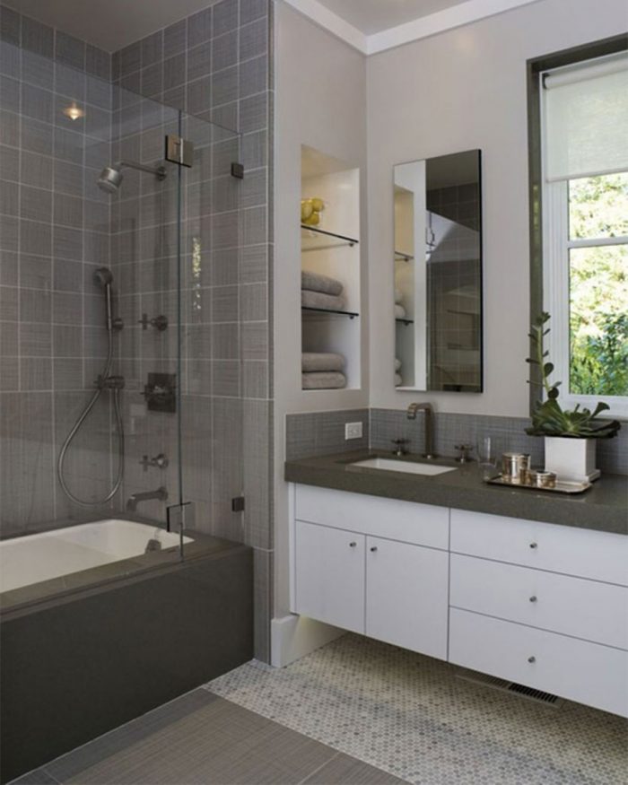 Bathroom Designs Medium size Bathroom Designs Modern Schemes For Nice Small Bathrooms Using White Laminate Cabinets As Well As Grey Laminate Countertops Also By A Rectangular Mirror Glass Wall Shelves By A Rectangular White Bathtub The Design Of Small Toilets For Small Bathrooms