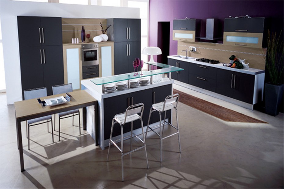 Modern Small Kitchen Escorted By Scheme Purple Wall Beige Floor Be Equipped Wood Table Wood Kitchen Cabinet Modern Scheme Space Saving Plan For Small Kitchens Wonderful Kitchen Designs