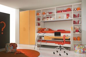 Bedroom Designs Thumbnail size Orange Bed On White Wooden Bunk As Well As Loft Bed Escorted By Shelves As Well As Cream Wooden Closet Combined By Round Orange Rig As Well As Chair On Ceramics Flooring Magnificent Scheme Of Modern Murphy Bed