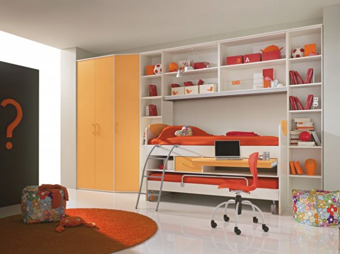 Bedroom Designs Orange Bed On White Wooden Bunk As Well As Loft Bed Escorted By Shelves As Well As Cream Wooden Closet Combined By Round Orange Rig As Well As Chair On Ceramics Flooring Magnificent Scheme Of Modern Murphy Bed The Designer And Inspirations Of Modern Murphy Beds