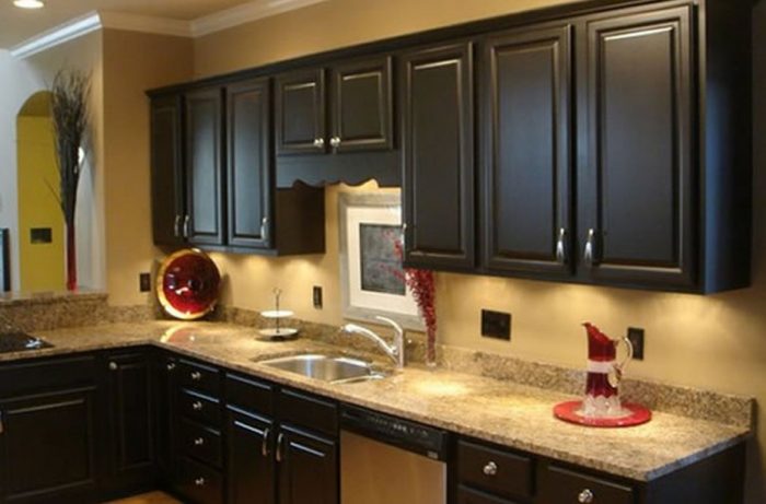 Kitchen Designs Pleasureable Dark Wood Cabinets Escorted By Brown Granite Top Single Chrome Undermount Sink As Decorate In Small Kitchen Schemes Piquant Dark Wood Cabinets For Women Dream Kitchen Choosing Countertop Material Precisely And Wisely