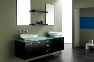 Bathroom Designs Thumbnail size Retro Bathroom Style Escorted By Cool Tone By Impressive Concept Cool Black Wooden Wall Cabinet By Golden Handle Double Side Mirror By Black Board Shelves Cool Small Bathroom