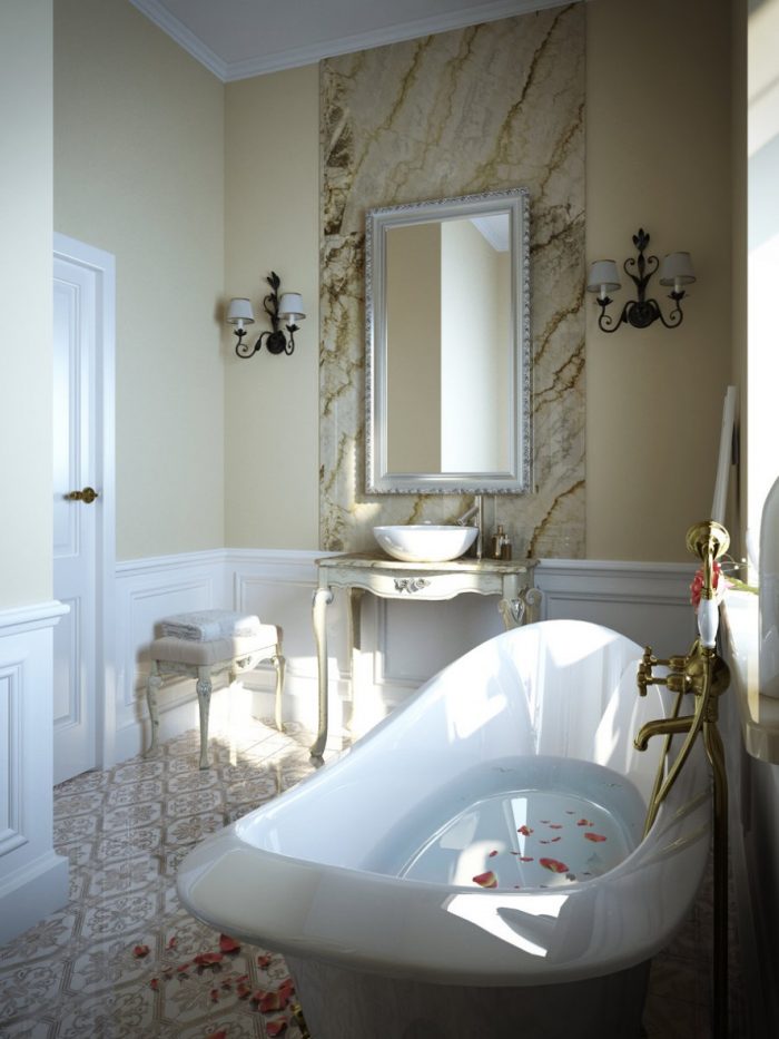 Bathroom Designs Medium size Schemes For Nice Small Bathrooms Using Wall Lanterns Rectangular Mirror Also Escorted By White Wooden Padded Wall Panels White Bowl Sink An Oval White Bathtub