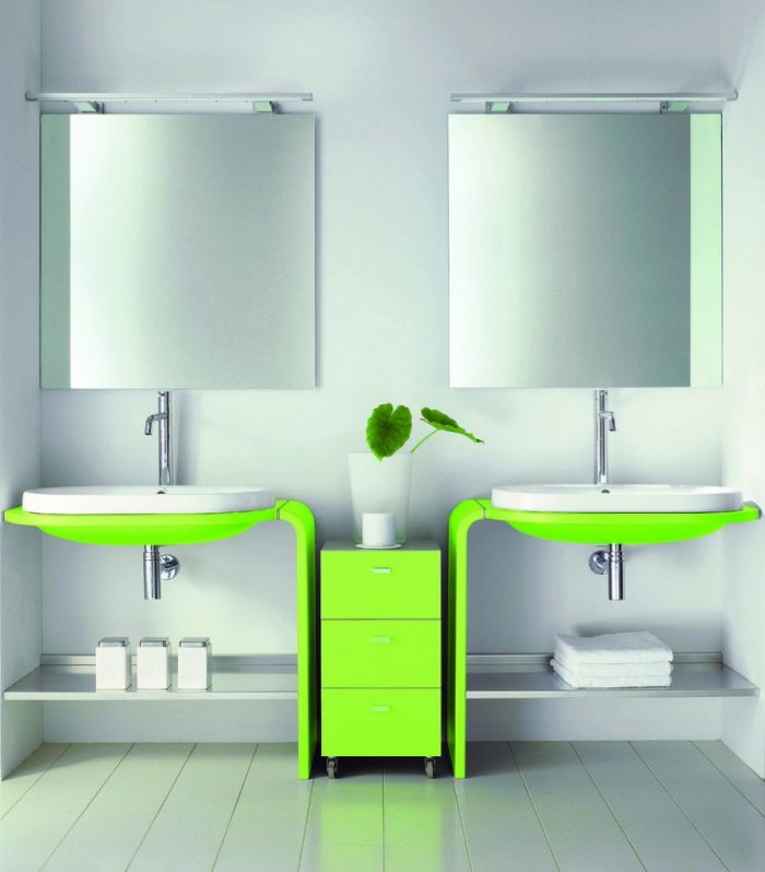 Schemes Plan For Nice Small Bathrooms Using Rectangular Light Green Laminate Cabinets Rectangle Mirrors Escorted By Silver Single Hole Faucets Rectangular White Sinks Alone 700x798 