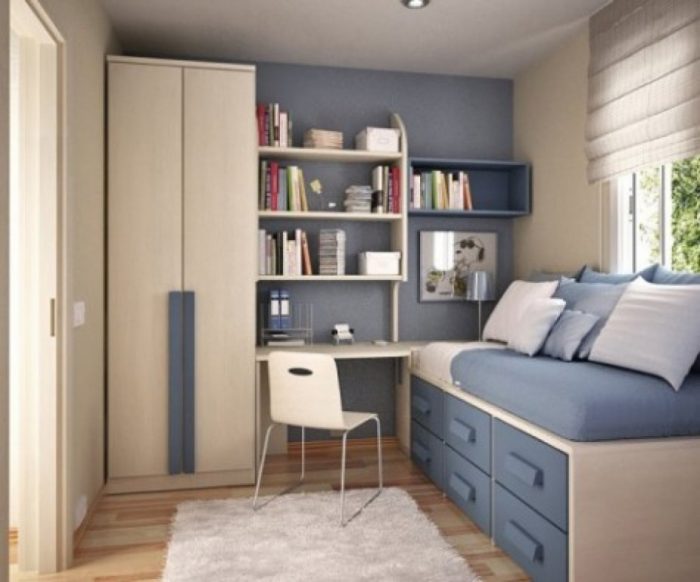 Interior Design Small Room Scheme Plan Escorted By Wooden Floor As Well As Fur Rugs Also Sofa Bed Escorted By Grey As Well As White Covered Bedding Sheet Also Pillows Combine Escorted By Storage Drawers Under The Sofa Bed Also Beige Nightstands For Small Spaces Create Room More Attractive