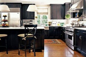 Kitchen Designs Thumbnail size Snazzy Dark Kitchen Cabinets Escorted By White Shade Pendant Island Lamps Feat Counter Stools As Well As L Shaped Kitchen Dark Wood Cabinets In White Black Kitchen Styles Piquant Dark