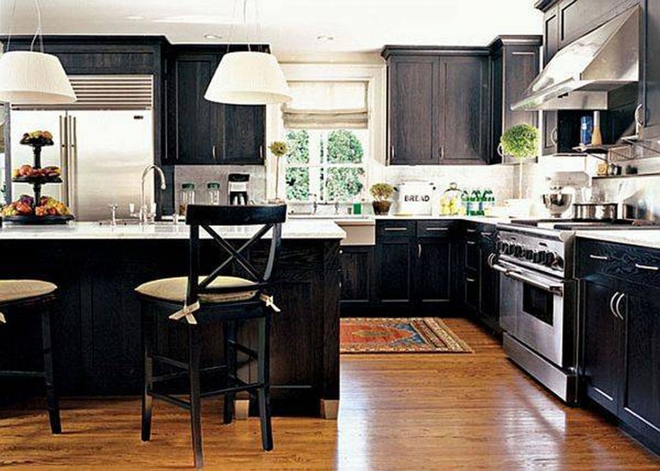 Snazzy Dark Kitchen Cabinets Escorted By White Shade Pendant Island Lamps Feat Counter Stools As Well As L Shaped Kitchen Dark Wood Cabinets In White Black Kitchen Styles Piquant Dark Kitchen Designs