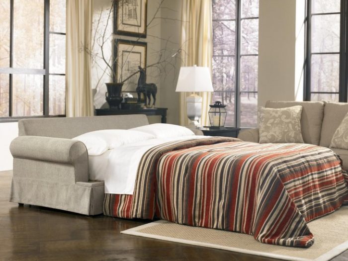 Bedroom Designs Sofa Escorted By White Sofa Bed Having Striped Blanket Combined By Brown Rug As Well As White Table Lamp Also Black Wooden Bedside Table On Laminate Flooring Magnificent Scheme Of Modern Murphy Bed The Designer And Inspirations Of Modern Murphy Beds