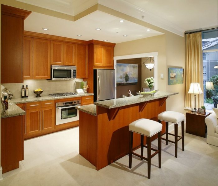 Kitchen Designs Medium size U Shape Small Kitchen Decoration Escorted By Backless Square White Velvet Tall Kitchen Chair Along By Solid Light Oak Wood Kitchen Cabinet As Well As Grey Granite Kitchen Counter Tops