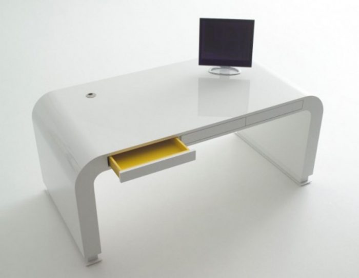 Kitchen Designs Unique White Painted Plywood For Office Desk Escorted By Yellow Painted Drawer Also Black Lcd Computer Also Small Hole For Pen Or Pencil Place Modern Office Escorted By Impressive Desk Cool Modern Desks For Minimalist Room