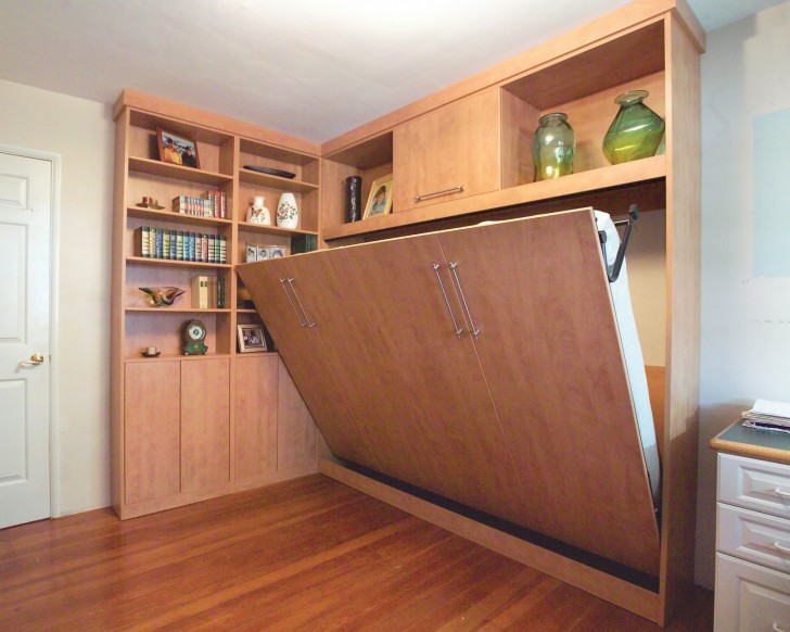 White Bed Escorted By Brown Wooden Couch Combined By Brown Wooden Shelves Also Storage On Laminate Flooring As Well As White Wall Magnificent Scheme Of Modern Murphy Bed To Inspire Your Bedroom Bedroom Designs