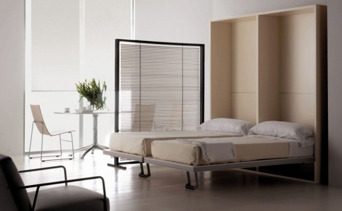 Bedroom Designs Medium size White Murphy Bed Escorted By White Wooden Folding Couch On White Wall Combined By Black Chair On Ceramics Flooring Magnificent Scheme Of Modern Murphy Bed To Inspire Your Bedroom Decoration