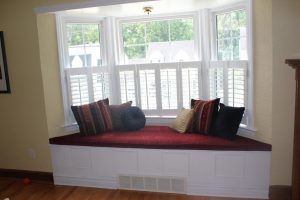 Furniture + Accessories Thumbnail size Wooden Build Bay Window Seat Escorted By Colourfull Stripes Mattres Piles Beautiful Small French Curtain As Well As Wooden Window Escorted By White Wooden Material As Well As Red