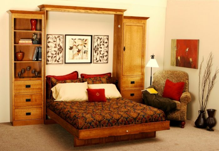 Bedroom Designs Medium size Wooden Couch Of Brown Pattern Bed As Well As Pillows Plus Brown Wooden Drawer Escorted By Closet Also Shelves Combined By Grey Velvey Sofa On Grey Floor Magnificent Scheme Of Modern Murphy Bed