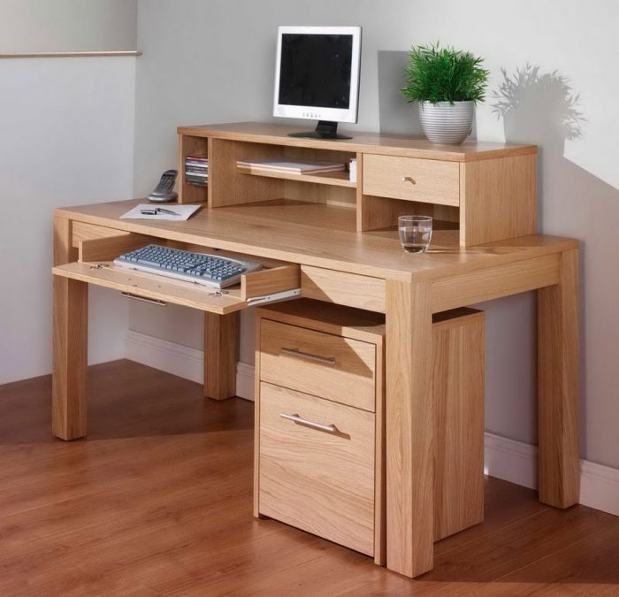 Kitchen Designs Medium size Wooden Office Desk Escorted By Shelves Drawer Also Keyboard Drawer Equipped Escorted By Lcd Computer Office Cell Phone Decorative Porcelain Vase Modern Office By Impression