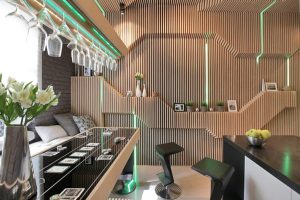 Kitchen Designs Thumbnail size Amazing Wooden Wall Green Neon Lighting Fresh Cut Flower Picture Frame White Pillow Cushion Wine Glass Black Bar Stool Brick Wall Glass Window Cream Ceramic Floor Black Countertop Kitchen Design