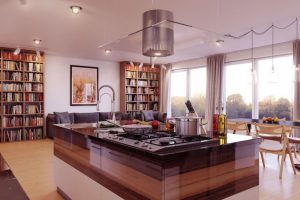 Ideas Thumbnail size Astonishing Picture Of Modern Kitchen Decoration Using Large Oak Wood Bookshelf In Kitchen Including Mount Ceiling Round Steel Glass Kitchen Vent Hood As Well As Modern Large Light Brown Wood Kitchen