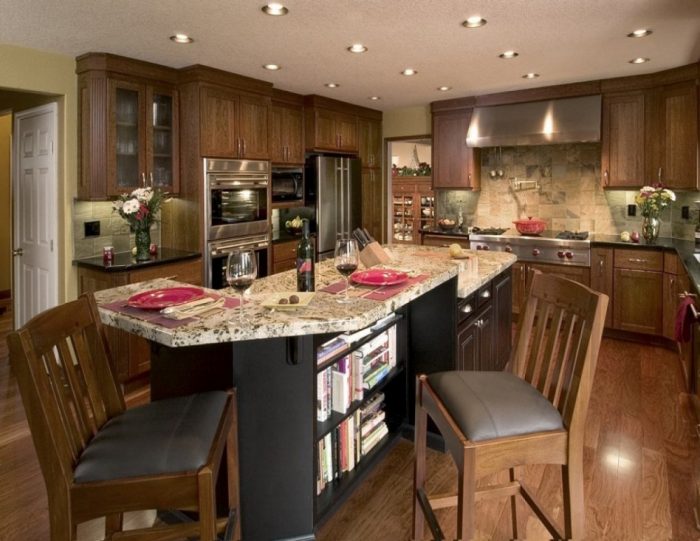 Ideas Attractive U Shape Kitchen Scheme As Well As Decoration Using Solid Cherry Wood Kitchen Cabinet Including Solid Light Oak Wood Tall Kitchen Chair As Well As Rectangular Cream Granite Top Black Wood Kitchen Ways To Clean Granite Kitchen Tops