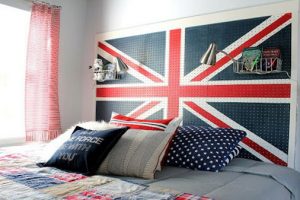 Bedroom Designs Thumbnail size Awesome Bedroom Design Ideas With England Flag Headboard Ideas Wall Lamp Cozy Bed With Colorful Bed Cover And Pillow On It Glass Door And Red Curtains Make Bedroom Look Perfect Design