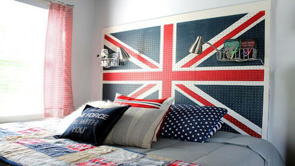 Bedroom Designs Awesome Bedroom Design Ideas With England Flag Headboard Ideas Wall Lamp Cozy Bed With Colorful Bed Cover And Pillow On It Glass Door And Red Curtains Make Bedroom Look Perfect Design Space Saving Beds For Small Bedroom