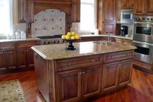 Ideas Thumbnail size Awesome L Shape Kitchen Decoration Using Reddish Cherry Wood Kitchen Flooring Including Rectangular Light Brown Granite Tops Solid Wood Kitchen Island As Well As Solid Cherry Wood Kitchen Cabinet