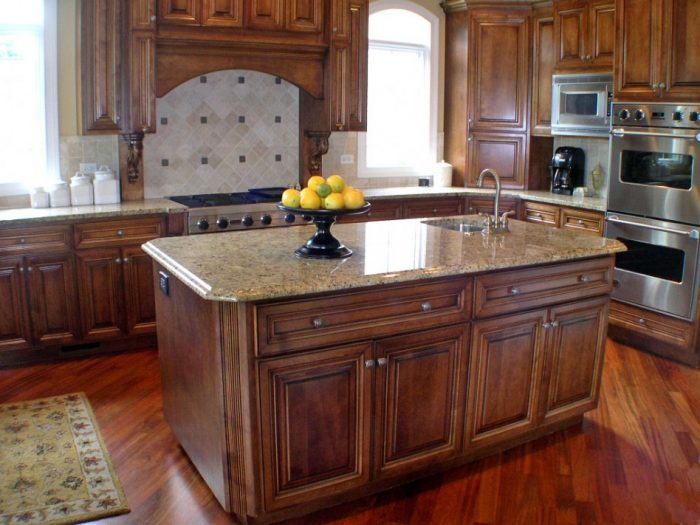 Ideas Awesome L Shape Kitchen Decoration Using Reddish Cherry Wood Kitchen Flooring Including Rectangular Light Brown Granite Tops Solid Wood Kitchen Island As Well As Solid Cherry Wood Kitchen Cabinet Ways To Clean Granite Kitchen Tops