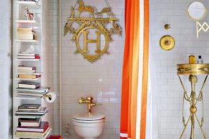 Bathroom Designs Thumbnail size Bathroom Ideas Tile White Bathroom Design Ideas With Orange Accent And White Bathroom Wall Tile Design With Bookshelves Design With White Bathroom Flooring Design And Orange Curtain