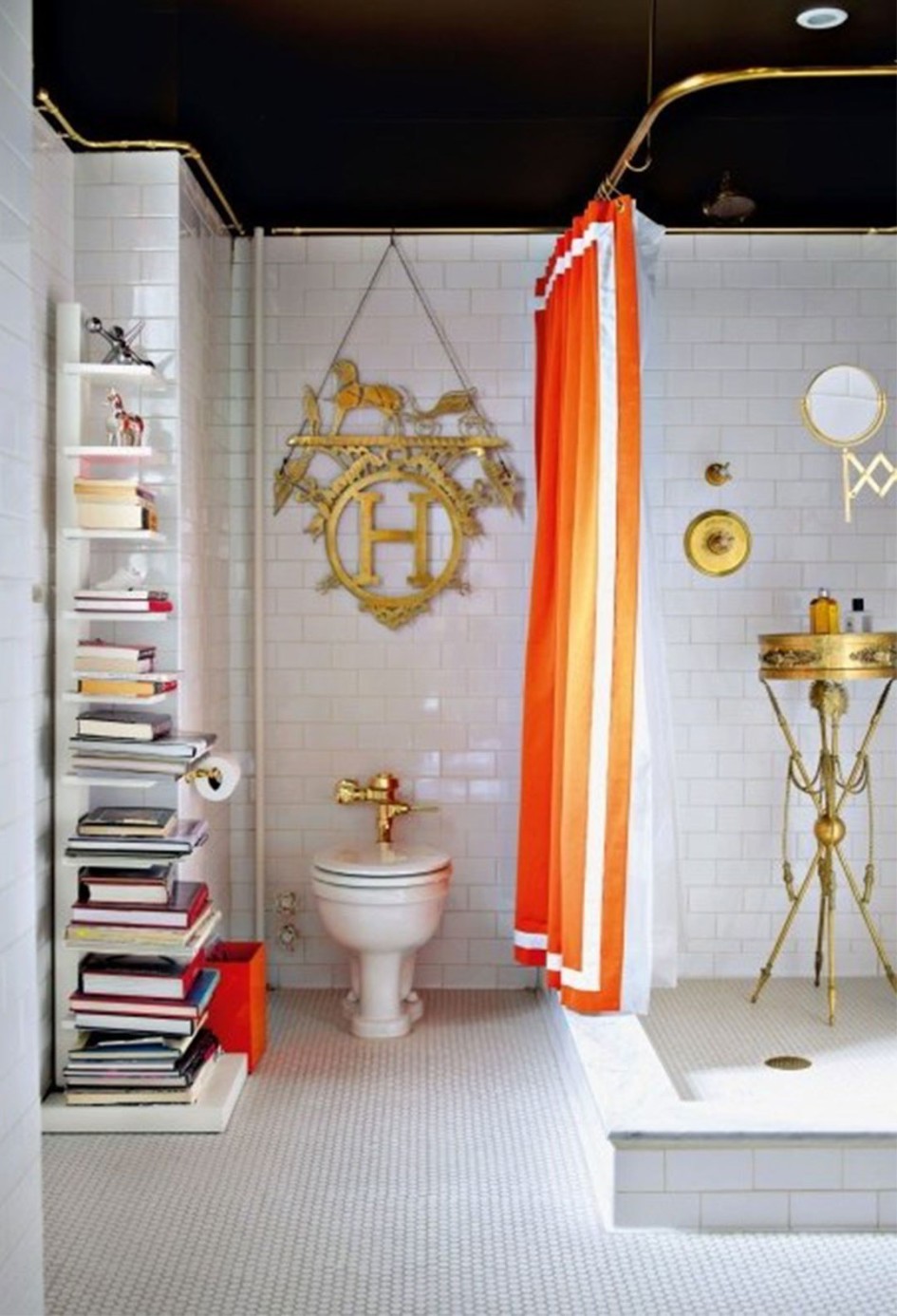 Bathroom Ideas Tile White Bathroom Design Ideas With Orange Accent And White Bathroom Wall Tile Design With Bookshelves Design With White Bathroom Flooring Design And Orange Curtain Bathroom Designs