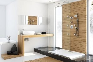 Bathroom Designs Thumbnail size Bathrooms For Small Spaces Modern Bathroom With Unfinished Wood And Ceiling Shower Design For Small Shower Room Design Ideas With Washbasin Cabinet Design With Stainless Faucet