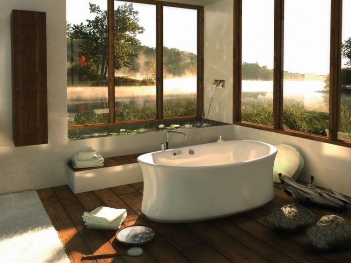 Bathroom Designs Medium size Bathtubs Design With A View Of Nature With Small White Bathtubs With Wooden Flooring Design Ideas With White Fur Rug With Glass Window Ideas