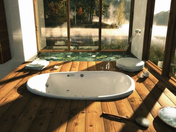 Bathroom Designs Medium size Bathtubs Design With A View Of Nature With Wooden Flooring And Sliding Glass Door Ideas Bathtubs For Small Spaces Bathtubs For Small Spaces