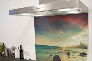 Kitchen Designs Thumbnail size Beach Scenery Nature Landscape Picture Splashback White Wall White Kitchen Island Black Ceramic Kitchen Countertop Stainless Smoke Hole Bottles Design