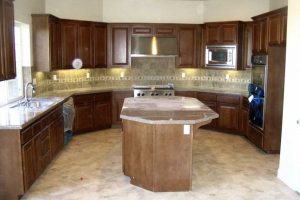 Ideas Thumbnail size Beautiful U Shape Kitchen Decoration Using Rectangular Cream Granite Top Solid Wood Kitchen Island Including Solid Cherry Wood Kitchen Cabinet As Well As Grey Travertine Tile Kitchen Backsplash